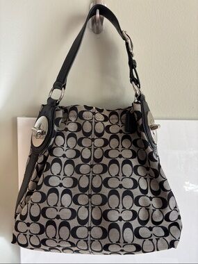 Coach Black & Taupe Signature Canvas Hobo Bag